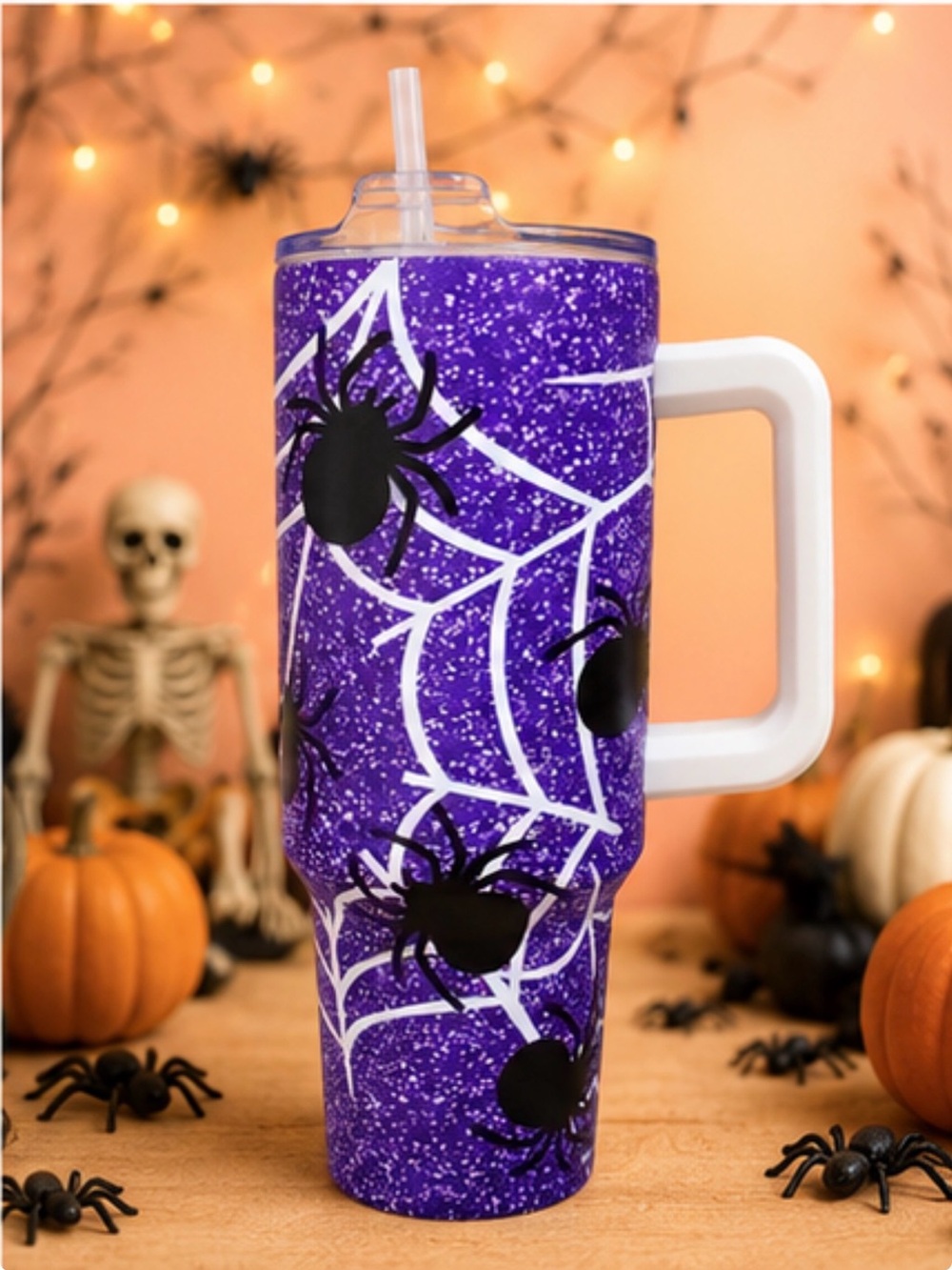 40oz Halloween insulated stainless steel tumbler purple glitter finish &spiders